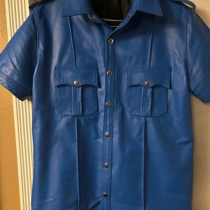 Men’s blue leather cop fetish shirt